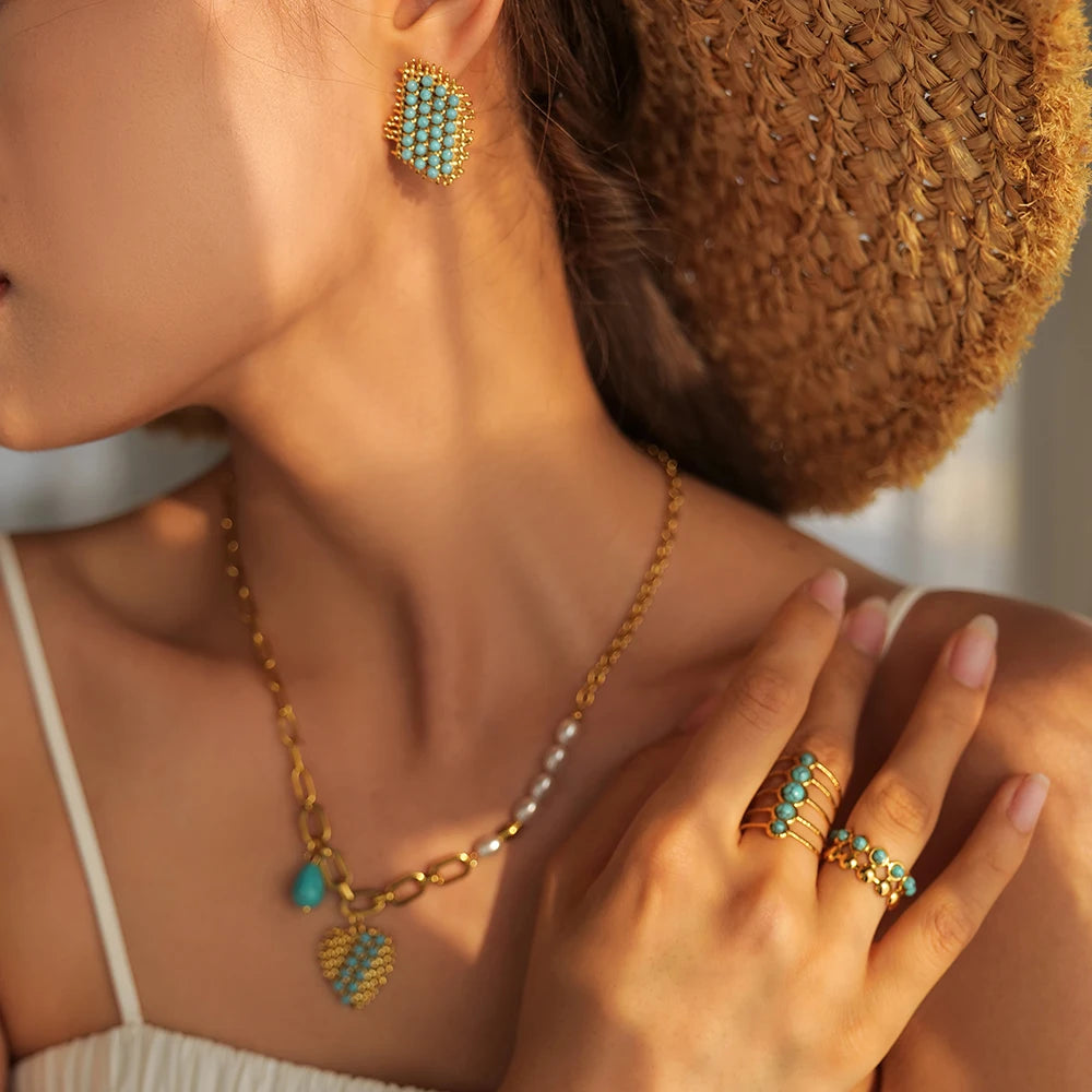 Turquoise Natural 18k Plated Rings Earrings Necklace