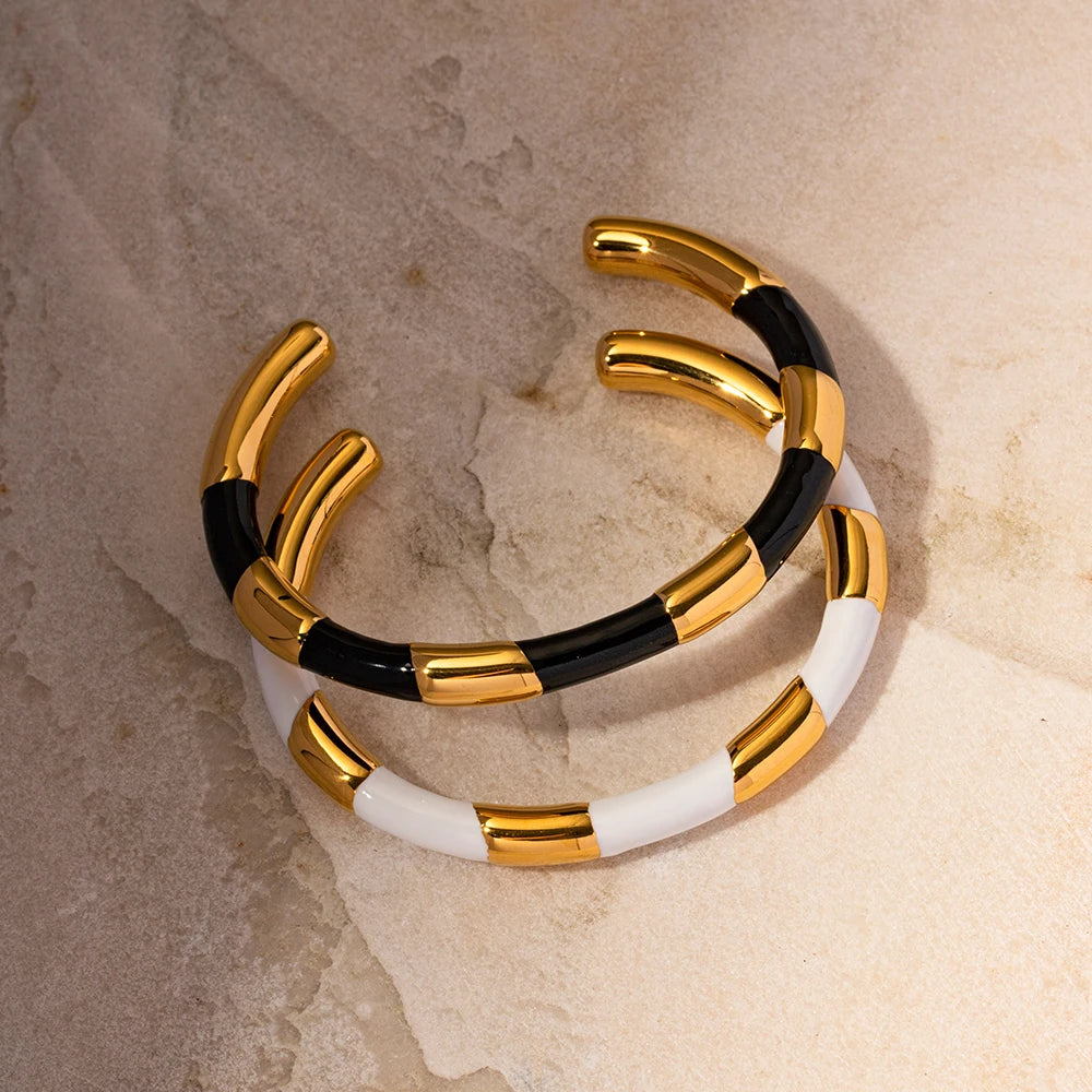Stacking Black And White 18kt Gold Plated Cuff Bangles