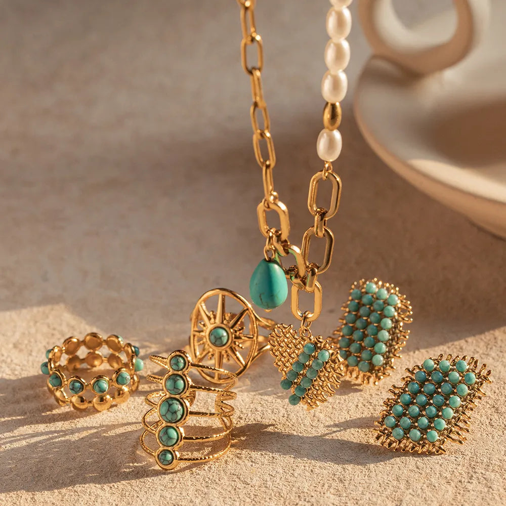 Turquoise Natural 18k Plated Rings Earrings Necklace