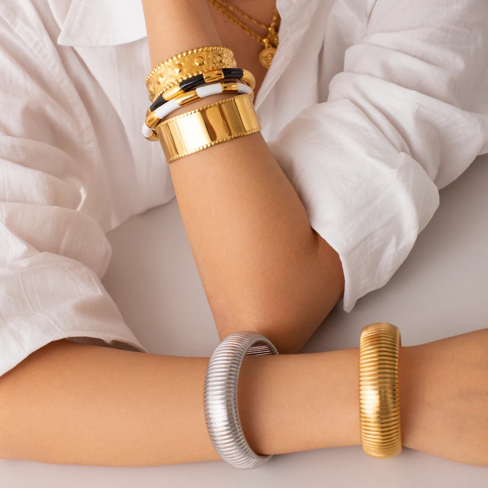 Stacking Black And White 18kt Gold Plated Cuff Bangles