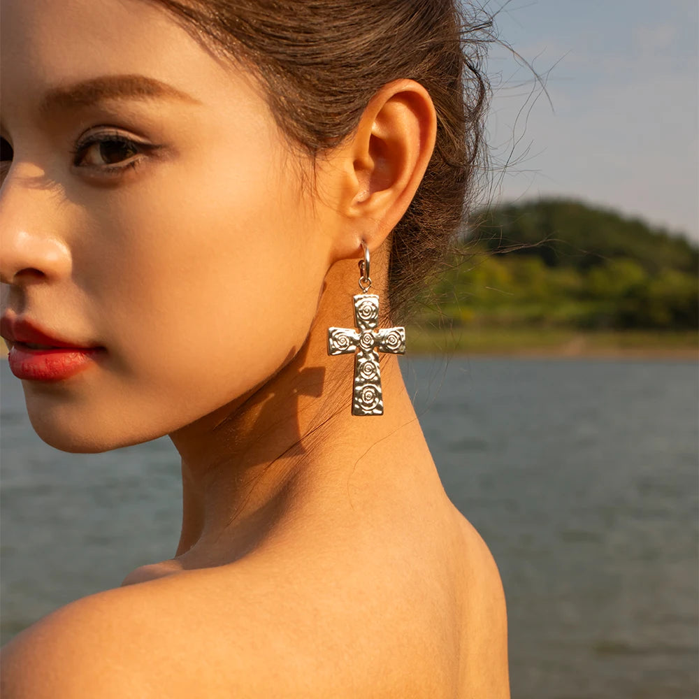 Crucifix 18K White Gold Plated Earrings